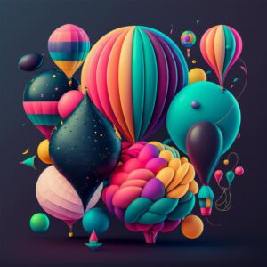 AI generated art with different types of hot air balloons in ten colors on a dark background