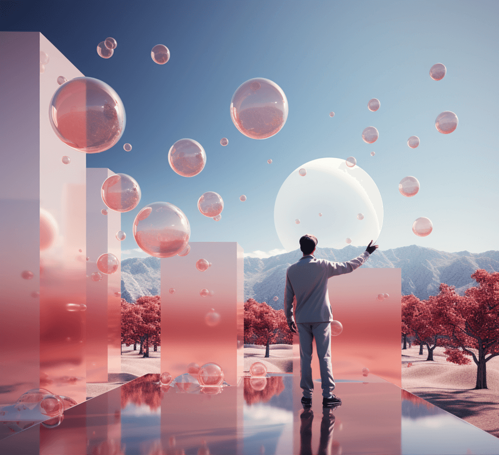 AI generated art with pink balloons flying in the air while a man is staying on a reflective surface with his arm pointing up