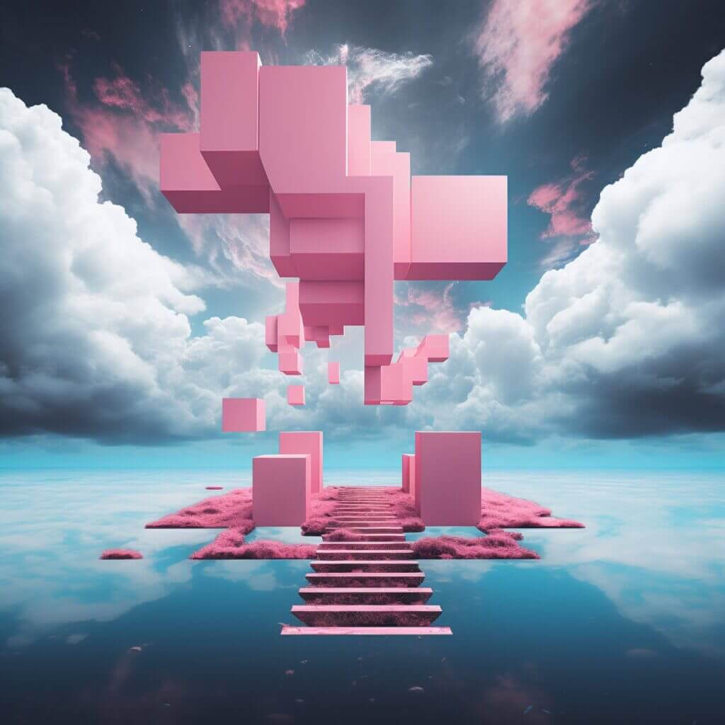 AI generated art with pink stairs and some rectangular figures in the clouds