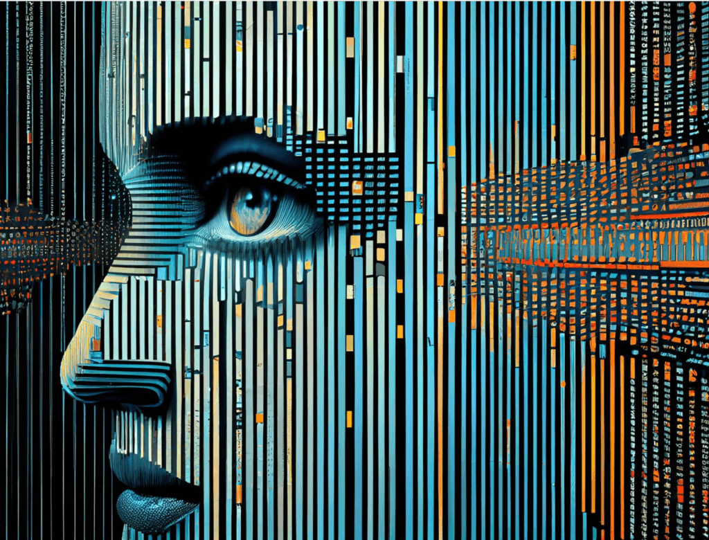 Robotic woman watching on the left side with stripes all over her face