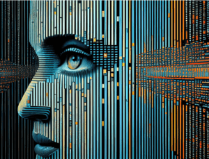 Robotic woman watching on the left side with stripes all over her face