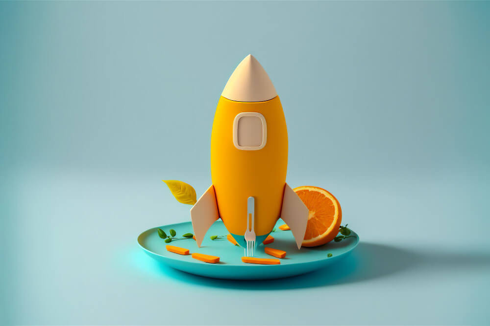 Rocket made from paper standing on a plate with turquoise background