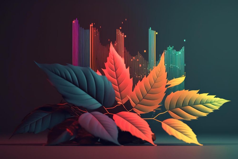 AI generated art with black, orange and yellow leaves on a dark green background